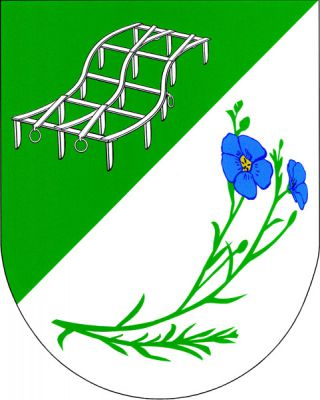 V zeleno-stříbrně šikmo děleném štítě nahoře stříbrné brány, dole prohnutý stonek lnu přirozené barvy. Znak Okrouhlá