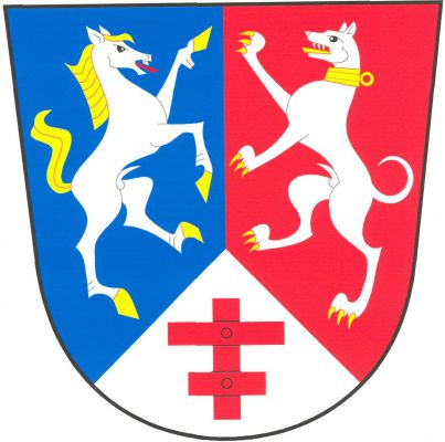 V modro - červeno polceném štítě stříbrný snížený hrot, v něm červený dvouramenný kříž s horním delším ramenem, vpravo stříbrný kůň ve skoku doleva se zlatou zbrojí, hřívou a ocasem a s červeným jazykem, vlevo stříbrný chrt ve skoku se zlatou zbrojí a jazykem a obojkem s kroužkem. Znak Oldřichov