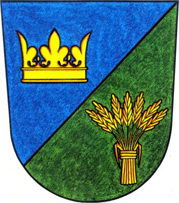 V modro-zeleně šikmo děleném štítě nahoře koruna, dole obilný snop, oboje zlaté. Znak Olešník