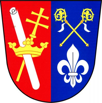 V červeno-modře polceném štítě vpravo zlatá koruna prostrčená kosmo stříbrným svitkem papíru a šikmo zlatým procesním patriarším křížem, vlevo zkřížené zlaté berly se stříbrnými sudarii nad stříbrnou lilií. Znak Olšany