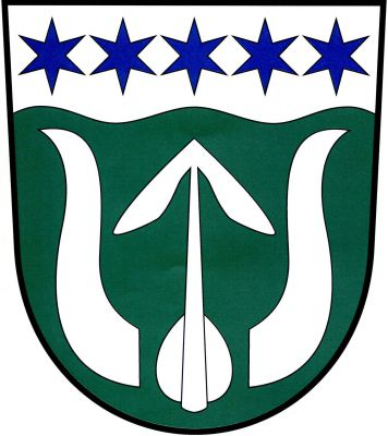 V zeleném štítě pod stříbrnou vlnitou hlavou s pěti modrými hvězdami vztyčený šíp mezi býčími rohy, obojí stříbrné. Znak Omlenice