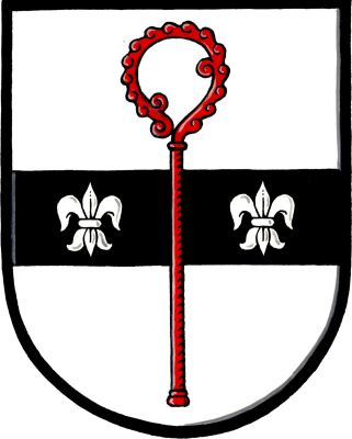 Ve stříbrném štítě s černým břevnem se dvěma stříbrnými liliemi červená opatská berla. Znak Opatovice I