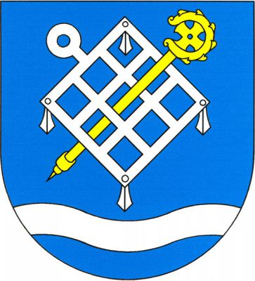 V modrém štítě nad sníženým stříbrným vlnitým břevnem kosmo stříbrný rošt, šikmo středem prostrčený zlatou berlou. Znak Opatovice nad Labem