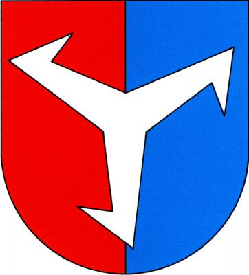 V červeno-modře polceném štítě stříbrný hříč. Znak Opočno