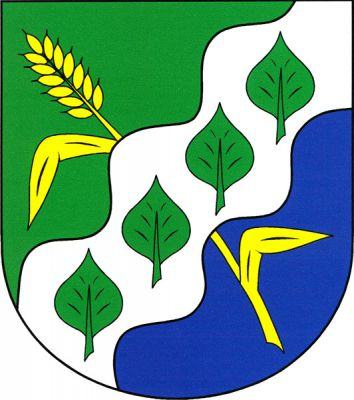 Zeleno-modře šikmým stříbrným vlnitým břevnem dělený štít, v něm čtyři vztyčené zelené topolové listy, břevno kosmo podloženo zlatým obilným klasem se dvěma listy. Znak Opolany