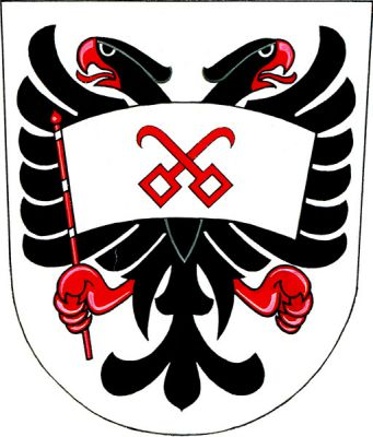 Ve stříbrném štítě černý orel s červenou zbrojí držící v pravém pařátu na červené žerdi před sebou stříbrný prapor s červenými zkříženými vztyčenými napínacími háky ke kuši. Znak Orel
