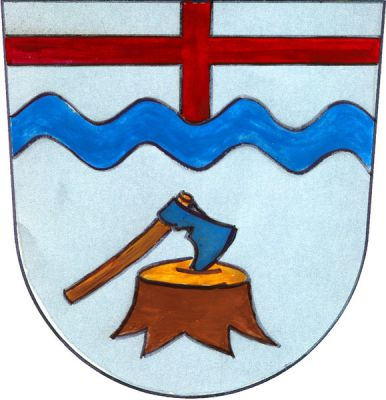 Ve stříbrném štítě zvýšené modré vlnité břevno, nahoře červený heroldský kříž, dole do pařezu zprava šikmo zaťatá modrá sekera s topůrkem, obojí přirozené barvy. Znak Oseček