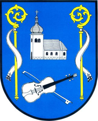 V modrém štítě nahoře kostel s věží, pod ním šikmo položené housle podložené smyčcem, vše stříbrné, provázené dvěma přivrácenými zlatými berlami se stříbrnými sudarii. Znak Osice