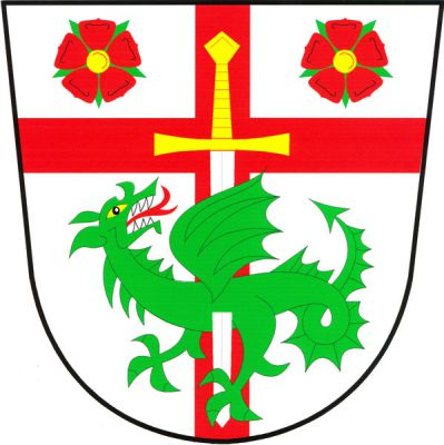 Ve stříbrném štítě červený latinský kříž do krajů přeložený dole zeleným odvráceným drakem s červeným jazykem, probodnutým shora a ze zadu stříbrným mečem se zlatým jílcem. V rozích dvě červené růže se zlatými semeníky a zelenými kališními lístky. Znak Osové