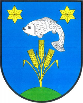 V modrém štítě ze zeleného návrší vyrůstající na jednom stonku tři zlaté obilné klasy, nad nimi stříbrná ryba, provázená v rozích štítu dvěma zlatými hvězdami. Znak Ostrá