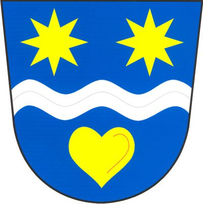 V modrém štítě stříbrné vlnité břevno nahoře mezi přivrácenými křídly osmihrotá hvězda, dole srdce, vše zlaté. Znak Ostrata