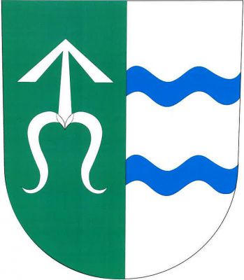 V zeleno-stříbrně polceném štítě vpravo stříbrná zavinutá střela, vlevo dvě modrá vlnitá břevna. Znak Ostrov
