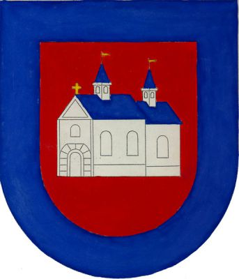 Na červeném štítě s modrým lemem stříbrný kostel se dvěma vížkami, střechy modré. Znak Ostrožská Lhota