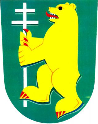 V zeleném štítě zlatý vzpřímený medvěd s červenou zbrojí držící stříbrnou hůl ukončenou patriarším křížem. Znak Osvětimany