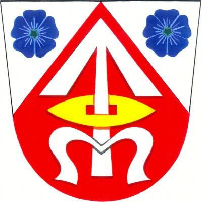 Ve stříbrném štítě zvýšený červený hrot se stříbrnou zavinutou střelou provlečenou položeným zlatým tkalcovským člunkem, provázený dvěma květy lnu přirozené barvy. Znak Otinoves