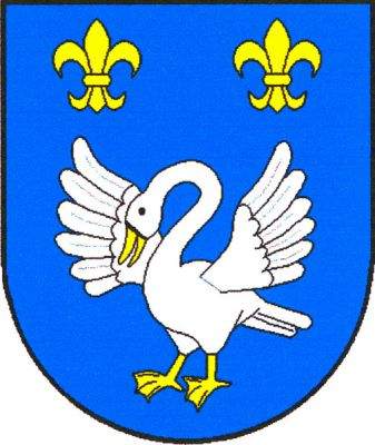 V modrém štítě stříbrná rozkřídlená labuť se zlatou zbrojí, provázená nahoře dvěma zlatými liliemi. Znak Otnice