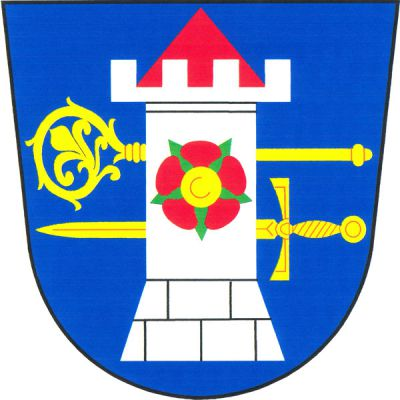 V modrém štítě stříbrná věž s kvádrovaným soklem, s cimbuřím a červenou stanovou střechou, ve věži červená růže se zlatým semeníkem a zelenými kališními lístky. Věž podložena položenou berlou závitem dolů a mečem hrotem doprava, obojí zlaté. Znak Otovice