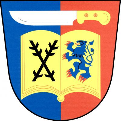 V modro - červeně polceném štítě zlatá rozevřená kniha, v ní vpravo zkřížené černé ostrve, vlevo modrý dvouocasý lev s červenou zbrojí, nad knihou položený stříbrný nůž se zlatou rukojetí. Znak Otradov