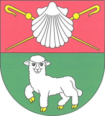 V červeno - zeleně děleném štítě nahoře stříbrná svatojakubská mušle podložená zkříženými zlatými poutnickými holemi, dole vykračující, čelně hledící stříbrná ovečka se zlatou zbrojí. Znak Ovčáry
