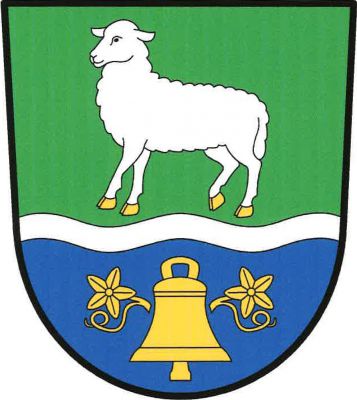 Zeleno-modře sníženým zúženým stříbrným vlnitým břevnem dělený štít. Nahoře stříbrná ovce se zlatou zbrojí, dole zvon provázený po obou stranách odkloněným okurkovým květem s úponkem, vše zlaté. Znak Ovčáry