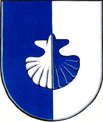 V modro-stříbrně polceném štítě svatojakubská mušle opačných barev. Znak Paběnice