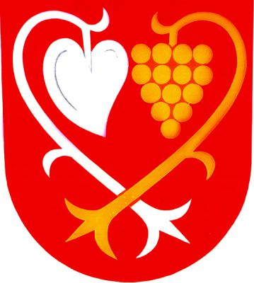 V červeném štítě stříbrné lekno přeložené zlatým vinným stonkem s hroznem. Znak Pašovice