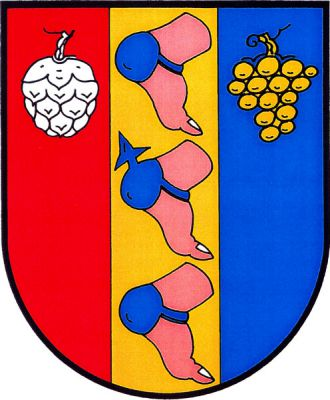 Červeno-zlato-modře dvakrát polcený štít. Vpravo nahoře stříbrná chmelová šištice, uprostřed pod sebou tři nohy po kotník palcem kosmo dolů přirozené barvy, s modrým krytem paty upevněným přes nárt, prostřední kryt s modrou tříhrotou ostruhou. Vlevo nahoře zlatý vinný hrozen. Znak Patokryje