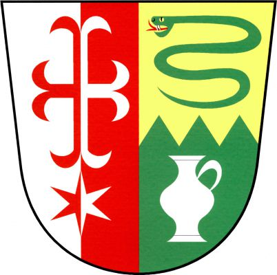Polcený štít. Pravé pole stříbrno - červeně polcené s kotvicovým křížem nad hvězdou, obojí opačných barev. Levé pole zlato - zeleně nahoru třikrát lomeně dělené, nahoře dvakrát esovitě stočený zelený had s červeným jazykem, dole stříbrný džbán s uchem doleva. Znak Pavlice
