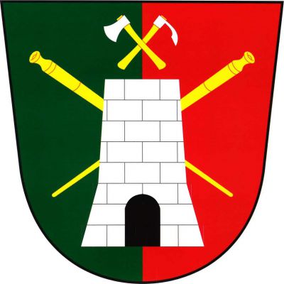 V zeleno-červeně polceném štítě volná stříbrná kvádrovaná pec podložená zkříženými zlatými sklářskými píšťalami a převýšená kosmou sekerou šikmo podloženou koplicí, obojí stříbrné na zlatých topůrkách. Znak Pec