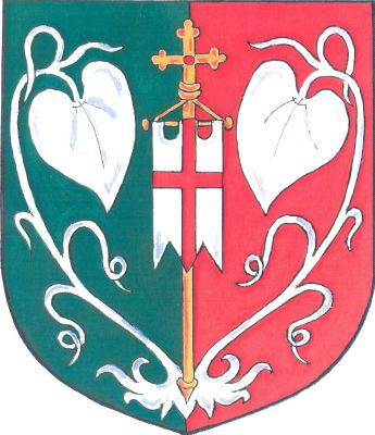 V zeleno-červeně děleném štítě stříbrná vykořeněná lekna, uprostřed třícípá stříbrná korouhev s červeným heroldským křížem na zlaté žerdi zakončené jetelovým křížem. Znak Pěčín