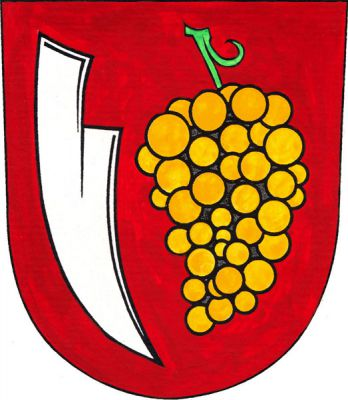 V červeném štítě vpravo stříbrná postavená radlice, vlevo zlatý vinný hrozen na zeleném stonku. Znak Perná