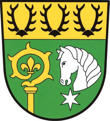V zeleném štítě pod zlatou hlavou s trojím černým parožím vyrůstá vpravo zlatá berla se závitem zakončeným lilií, vlevo koňská hlava s krkem nad hvězdou, obojí stříbrné. Znak Pernarec