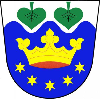 V modrém štítě pod stříbrnou vlnitou hlavou se dvěma svěšenými zelenými lipovými listy zlatá koruna provázená dole do oblouku pěti zlatými hvězdami. Znak Pertoltice