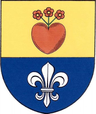 Ve zlato-modře děleném štítě nahoře červené srdce kvetoucí třemi červenými pětilistými květy se zlatými středy na zelených stoncích, dole stříbrná lilie. Znak Petráveč
