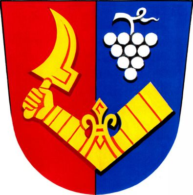V červeno-modře polceném štítě zlaté obrněné rameno držící zlatý vinařský nůž - kosíř, provázené vlevo nahoře stříbrným vinným hroznem. Znak Petrov