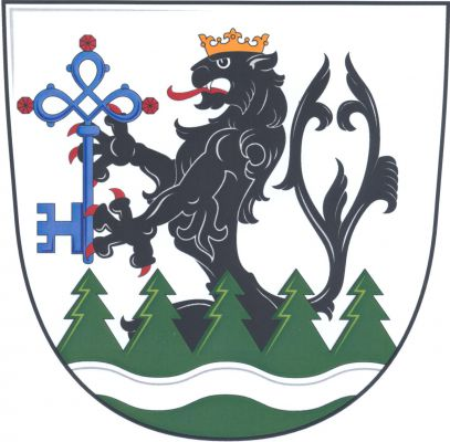Ve stříbrném štítě vyrůstá ze zelené paty oddělené smrkovým řezem černý korunovaný dvouocasý lev s červenou zbrojí, držící postavený modrý klíč, ozdobený třemi červenými kameny. V patě stříbrné vlnité břevno. Znak Petrov nad Desnou
