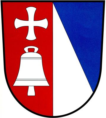 Polcený štít, v pravém červeném poli tlapatý kříž nad zvonem, obojí stříbrné, levé pole modro-stříbrně kosmo dělené. Znak Petrůvky