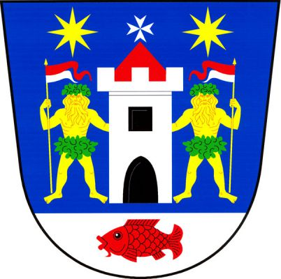 V modrém štítě se stříbrnou patou s červeným kaprem stříbrná věž s cimbuřím, černým oknem a gotickou branou, červenou stanovou střechou zakončenou stříbrným maltézským křížem. Věž ze stran přidržují zlatí diví muži se zelenými věnci, držící na zlatých žerdích přivrácené červeno-stříbrné dvoucípé praporce převýšené dvěma zlatými, osmihrotými hvězdami. Znak Pičín