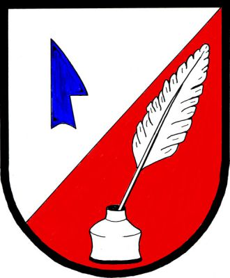 Stříbrno-červeně šikmo dělený štít, nahoře vztyčená modrá radlice, vlevo kalamář se zatknutým brkem, obojí stříbrné. Znak Písařov