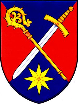 V modro-červeně kosmo čtvrceném štítě kosmá zlatá berla závitem doleva šikmo podložená postaveným stříbrným mečem se zlatým jílcem, pod nimi zlatá osmihrotá hvězda. Znak Pitín