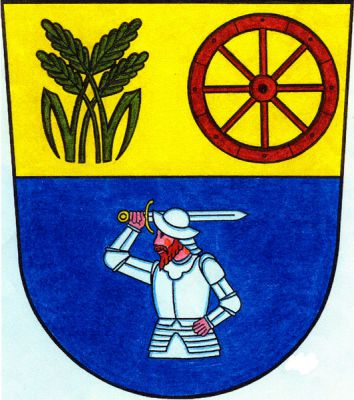 Ve zlato-modře děleném štítě nahoře čtyři propletené zelené obilné klasy, krajní s jedním listem a vozové kolo přirozené barvy, dole polovina muže ve stříbrné zbroji se stříbrným mečem nad hlavou. Znak Plav