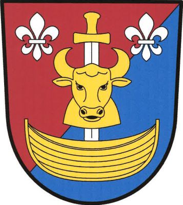 V červeno-modře šikmo děleném štítě čelně zlatá býčí hlava s krkem, podložená postaveným stříbrným mečem se zlatým jílcem, vynikajícím ze zlaté loďky a provázeným nahoře dvěma stříbrnými liliemi. Znak Plaveč