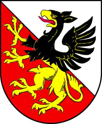 Ve stříbrno-červeně kosmo děleném štítě černo-zlatě dělený gryf se zlatou zbrojí a červeným jazykem. Znak Ploskovice