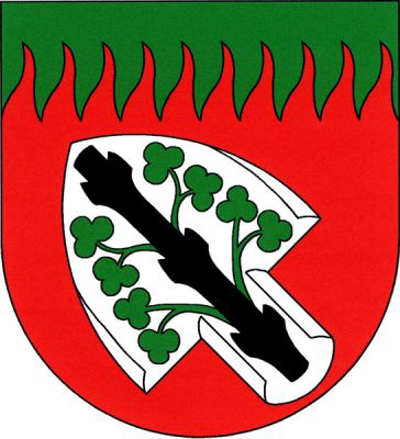 V červeném štítě pod zelenou plamennou hlavou kosmá, čelně vztyčená stříbrná radlice, v ní černá ostrev se šesti suky. Mezi suky vyrůstají do stran čtyři (2,2) stonky, každý se dvěma jetelovými trojlisty, vše zelené. Znak Pluhův Žďár