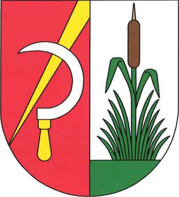 Červeno-stříbrně polcený štít. Vpravo šikmý zlatý zúžený klín přeložený stříbrným srpem se zlatou rukojetí, vlevo na zeleném trávníku vyrůstá z trsu sítiny orobinec se dvěma listy, vše přirozené barvy. Znak Podbořanský Rohozec