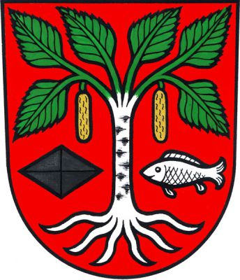 V červeném štítě stříbrná vykořeněná bříza se šesti zelenými listy a dvěma zlatými jehnědami, provázená vpravo černou položenou routou a vlevo stříbrnou rybou. Znak Podbřezí