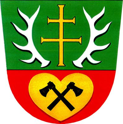V zeleno-červeně sníženě děleném štítě nahoře zlatý patriarší kříž mezi dvěma stříbrnými parohy, dole zlaté srdce se zkříženými černými sekerami. Znak Podivice