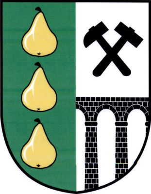 V zeleno - stříbrně polceném štítě vpravo tři zlaté hrušky pod sebou, vlevo kvádrovaný most o dvou a půl obloucích, nad ním zkřížená hornická kladívka, vše černé. Znak Podlešín
