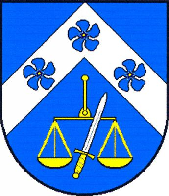 V modrém štítě pod zvýšenou stříbrnou krokví se třemi modrými květy barvínku zlaté váhy šikmo přeložené vztyčeným stříbrným mečem se zlatým jílcem. Znak Podomí