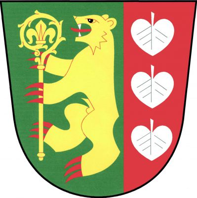 V zeleno - červeně vlevo polceném štítě vpravo zlatý medvěd ve skoku s červenou zbrojí držící zlatou berlu, vlevo tři svěšené stříbrné lipové listy pod sebou. Znak Podveky